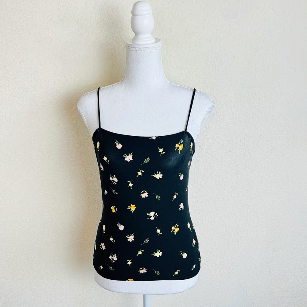 Black & Yellow Ditsy Floral Square Neck Bungee Strap Tank Top